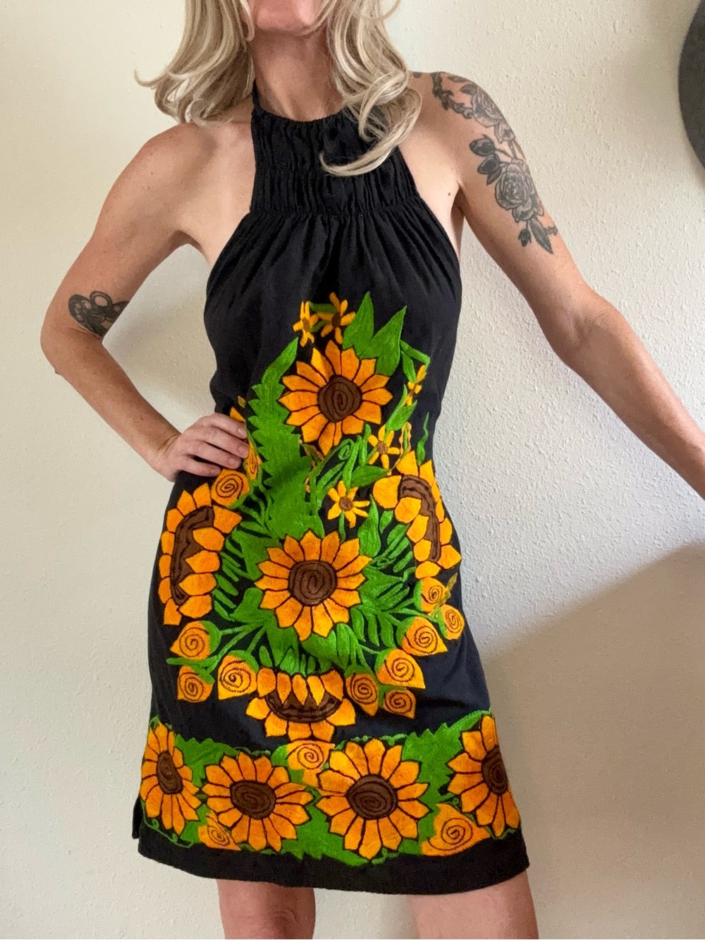 Handmade Traditional Mexican Embroidered Sunflower Halter Mini Dress Floral Boho